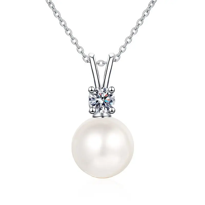 Wholesale Elegant Women Fine Jewelry Gift S925 Sterling Silver Freshwater Pearl Real VVS Moissnaite Pearl Pendant Necklace
