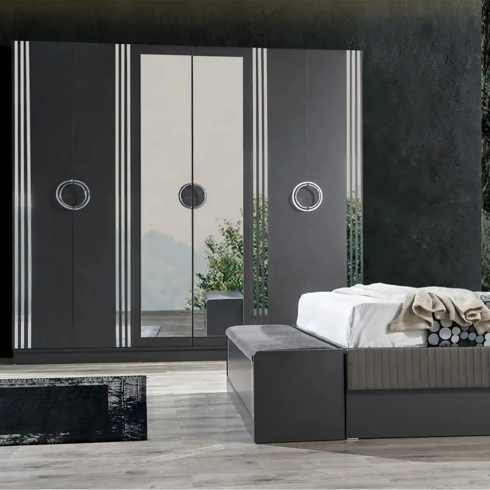 Berlin economic bedroom set 6 mirrored doors wardrobe 2 drawwers stands high quality nice design hot sales Turkish furniture