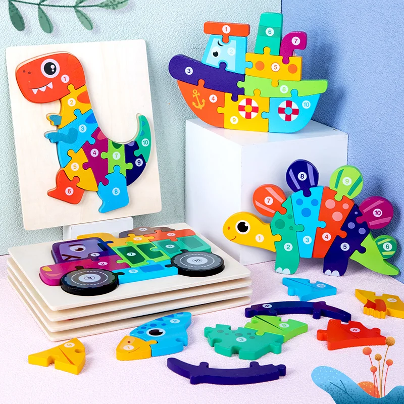 Wooden Popular 3D Cartoon Kids Animal Puzzle Board Game Dinosaur Baby Educational Toys Jigsaw Puzzles