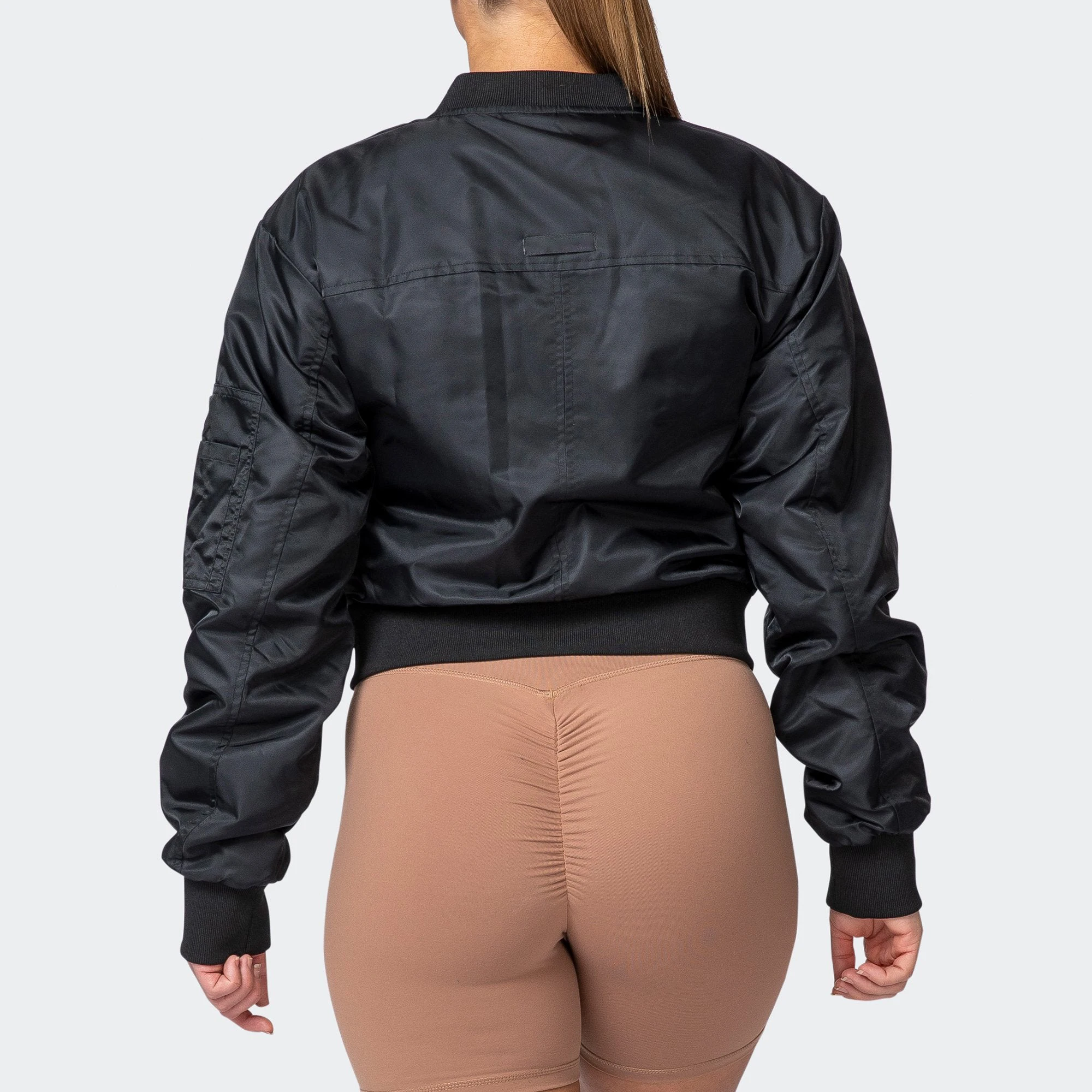 Custom Center Front Zipper Water Resistant Exterior Crop Length Women Bomber Jacket
