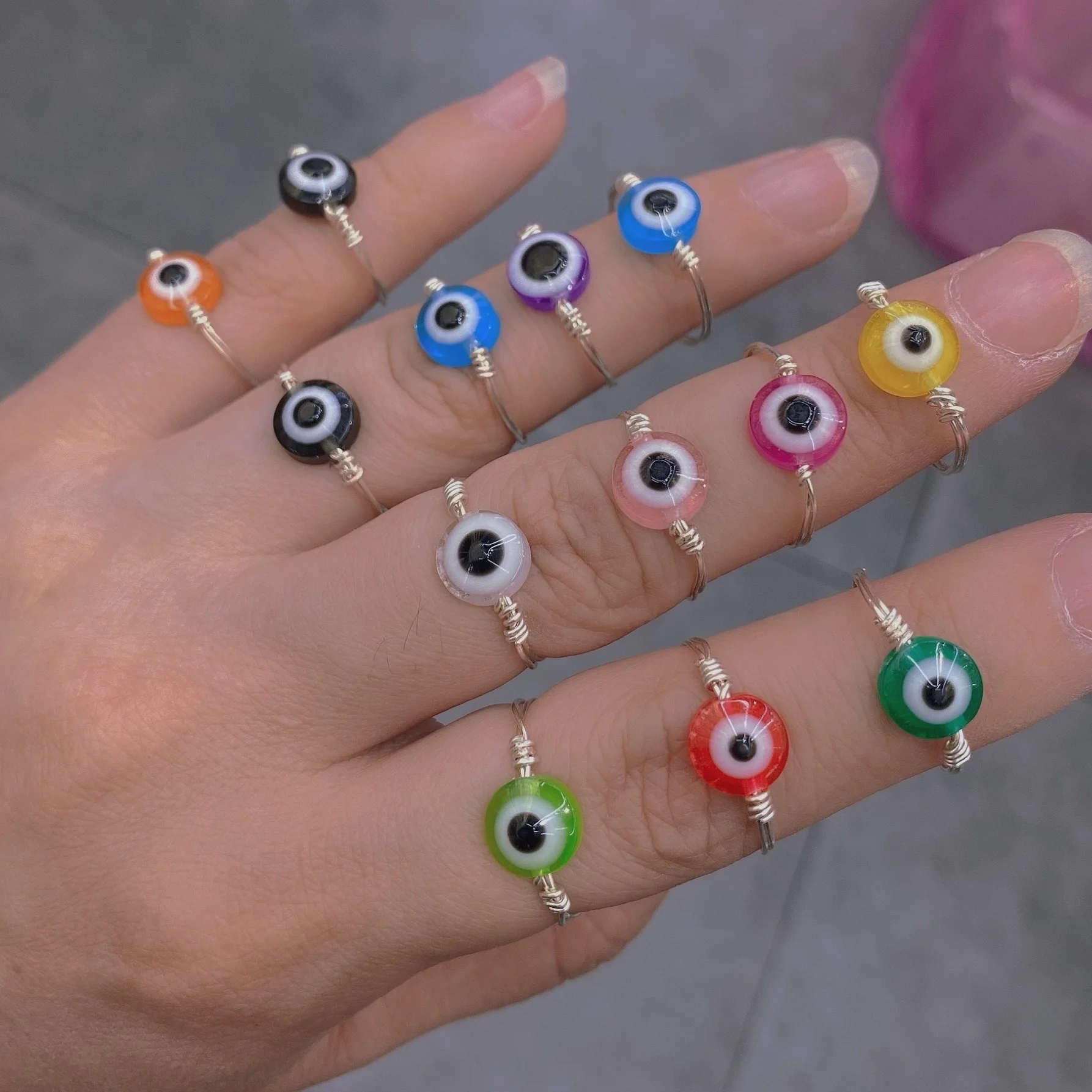 Vintage Coloful Blue Woven Handmade Silver Copper Wire Wrapped Turkish Acrylic Ring