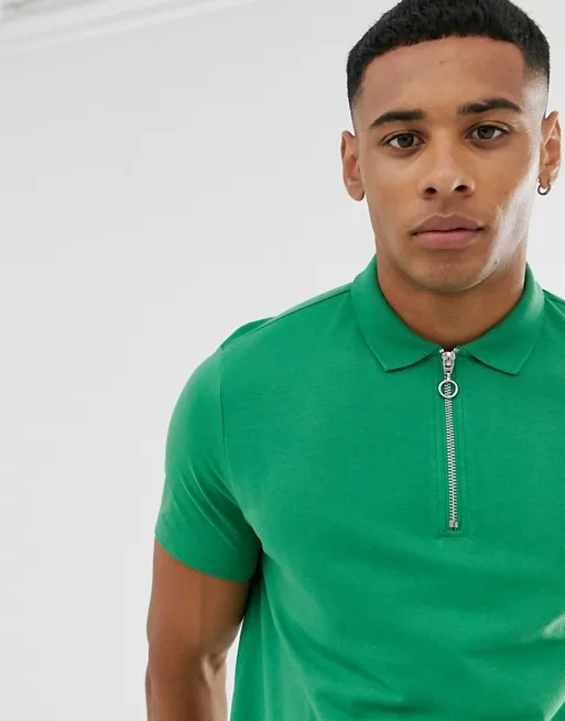 Custom Leisure Design 95%Cotton 5%Elastane Blank Green with Zip Placket T-Shirt Polo