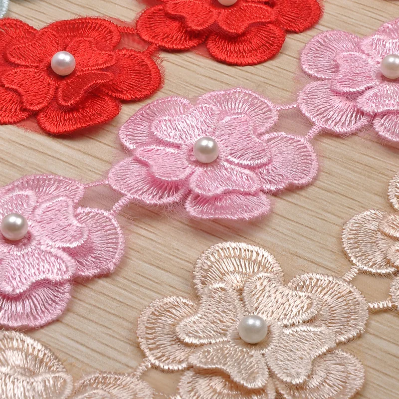 wholesale polyester 3D flower organza beaded lace colorful Embroidery Flower Chantilly Lace Trim for dress clothes decoration