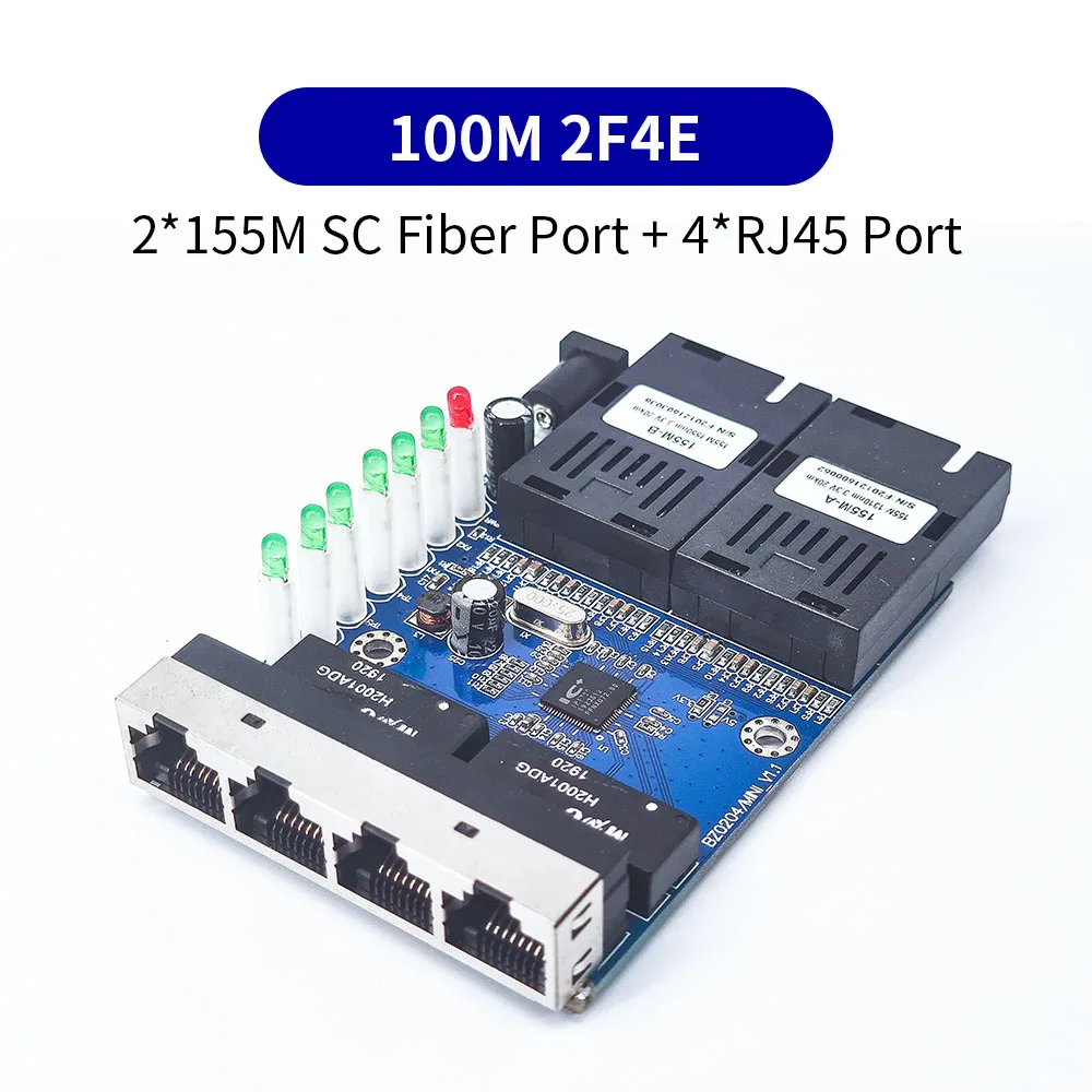 100Mbps Single mode simplex 2 Fiber ports 4 Lan port 6F2E Fiber media converter PCBA