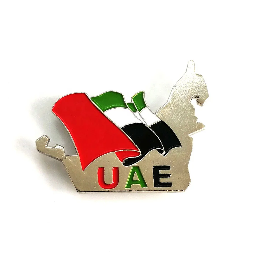 Wholesale printing UAE two people holding flag light weight stainless iron badge for souvenir