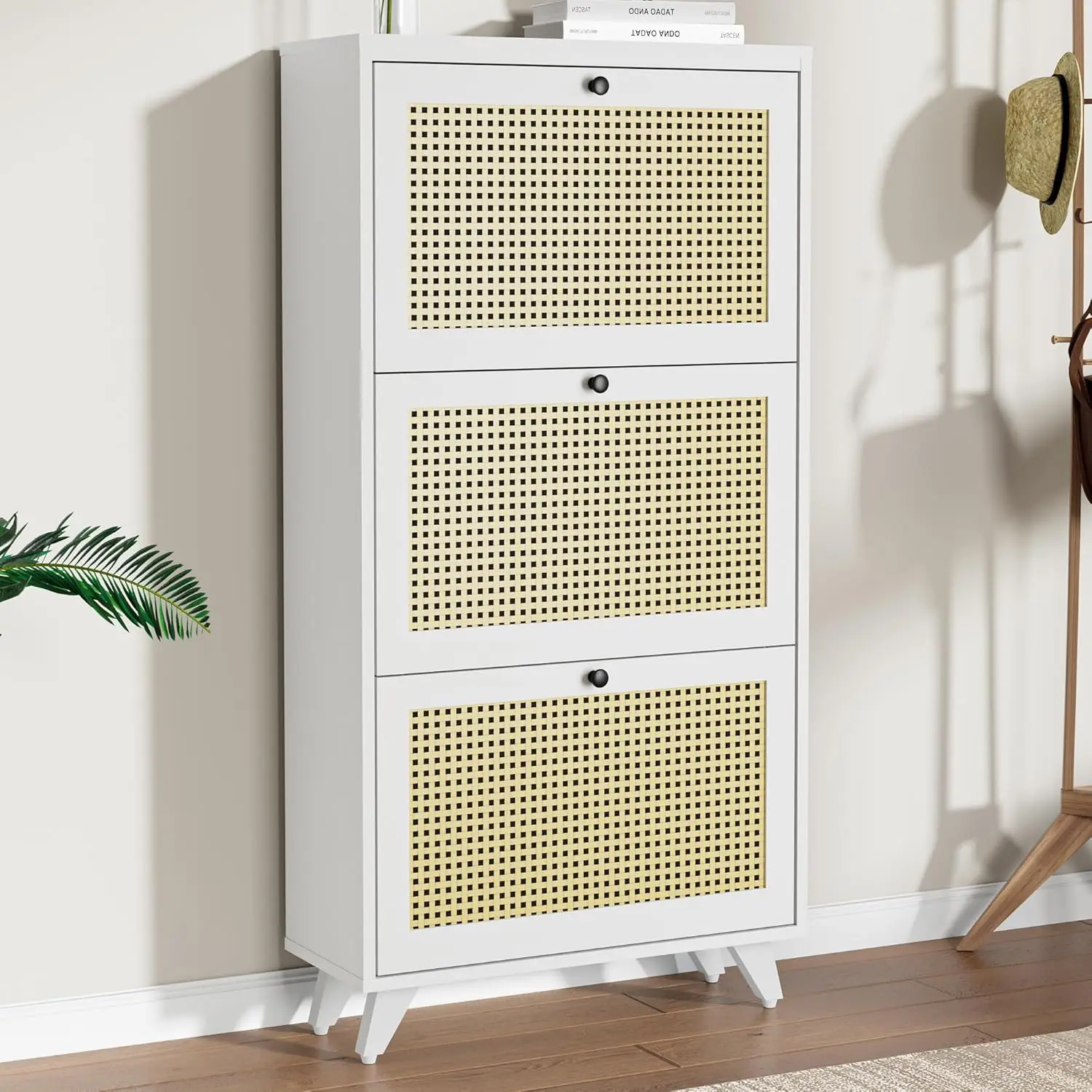 Adjustable Shelves Slim Natural Rattan Wood Freestanding Shoe Rack Storage Organizer Shoe Cabinet with Flip Drawers