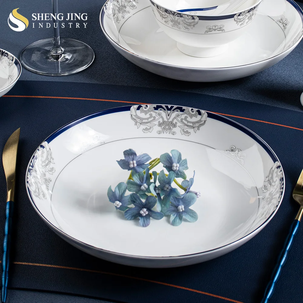 European Fine Bone China White Ceramic Restaurant Hotel Household Dinnerware Dinner Tableware Set With Blue RimSets