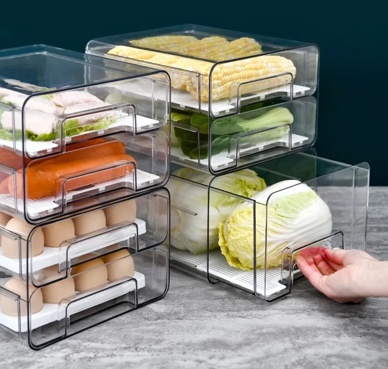 Various Designs Thicken Plastic Freezer Refrigerator Stackable Food Bin Fridge Drawer Storage Organizer with Tray