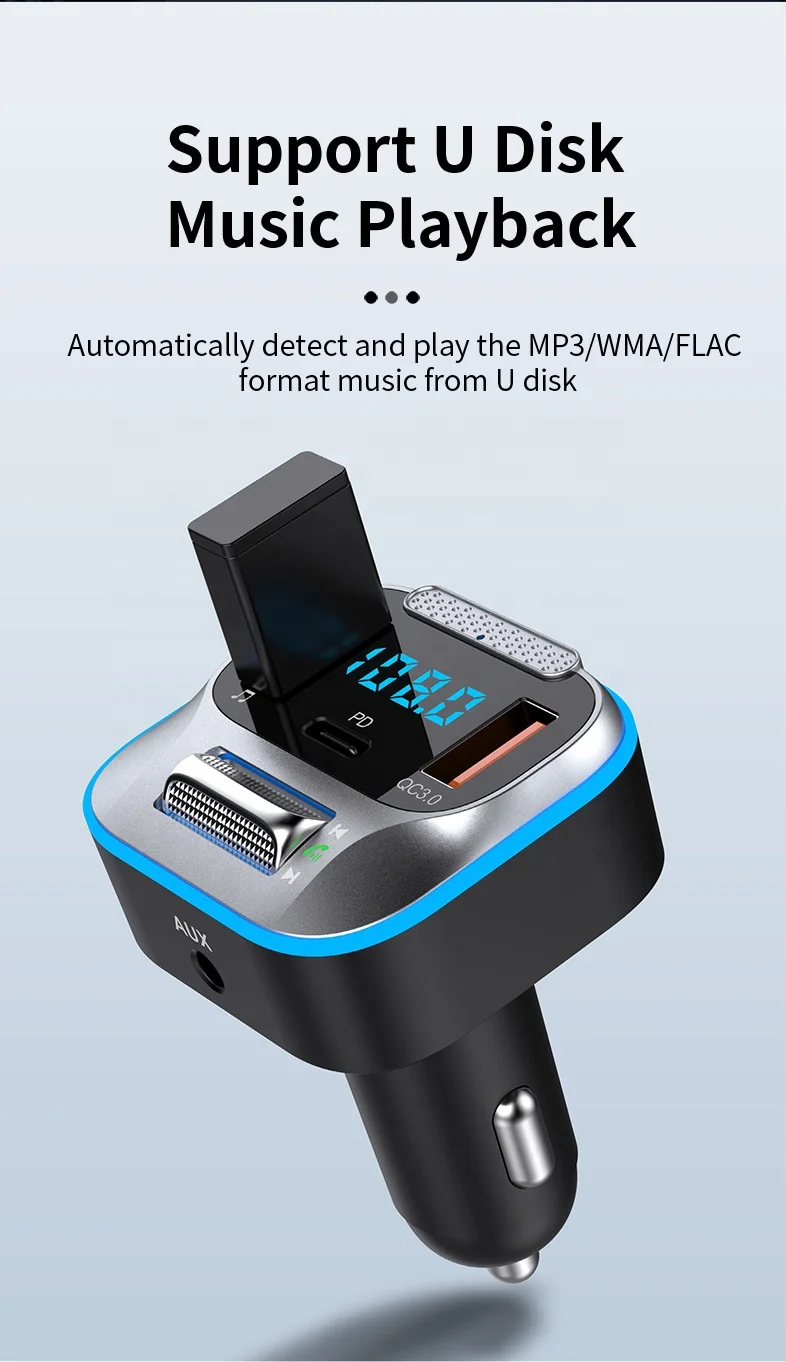 AGETUNR T73 New Design Car FM Transmitter Bluetooth Dual Port Fast Charge BT 5.0 Handsfree Kit AUX Adapter Car Stereo MP3 Player