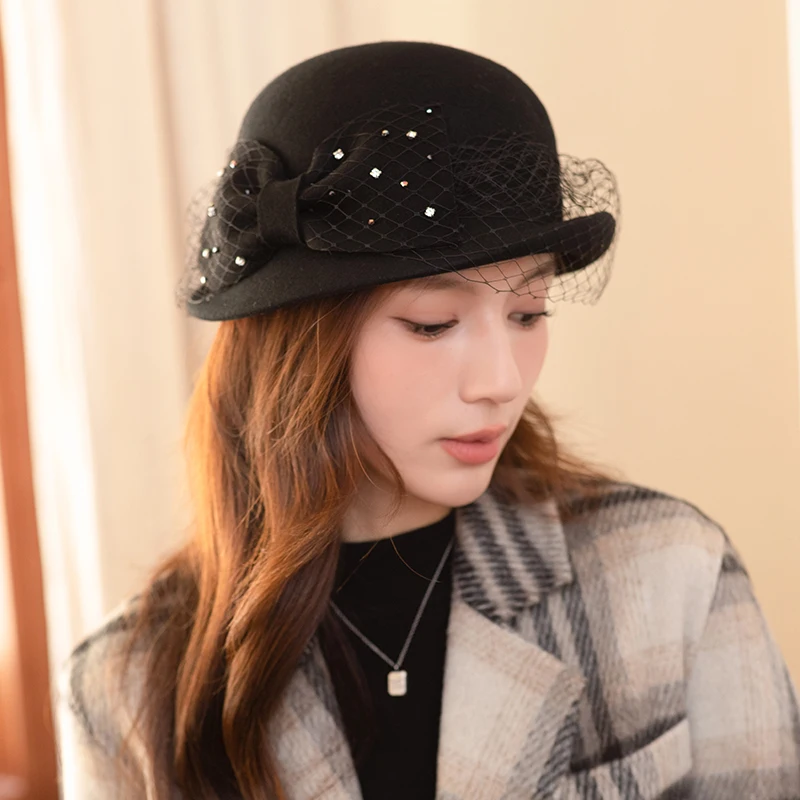 Fashion chic ladies elegant Wool felt bowler hat women  formal hats dress hats for women