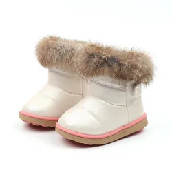 Winter New Children Snow Boots Big Kids Leather Warm Boots Baby Girls Princess Real Fur Ankle Boots