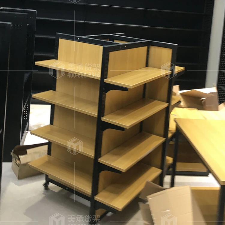 Meicheng 4 Side Supermarket Promotion Display Counter Wood Display Shelves For Retail Stores Cosmetic Supermarket Shelves