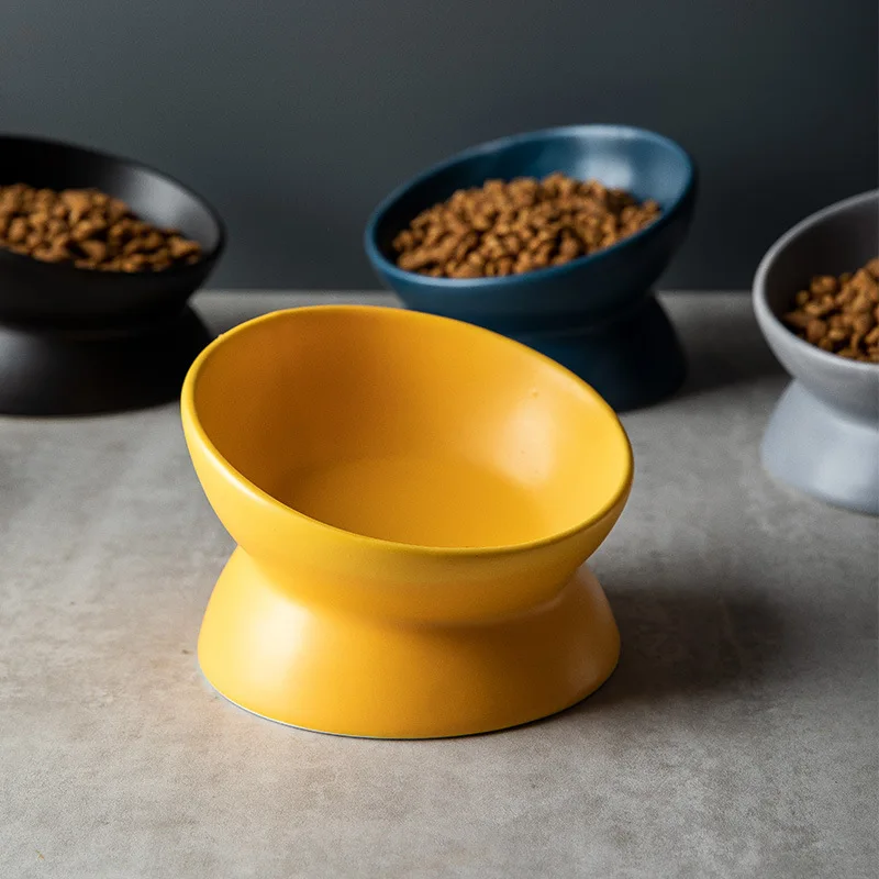 2023 New Ceramic Cat Dog Bowl Diagonal High Foot Neck Protection Dog Cat Food Bowl Pet Supplies