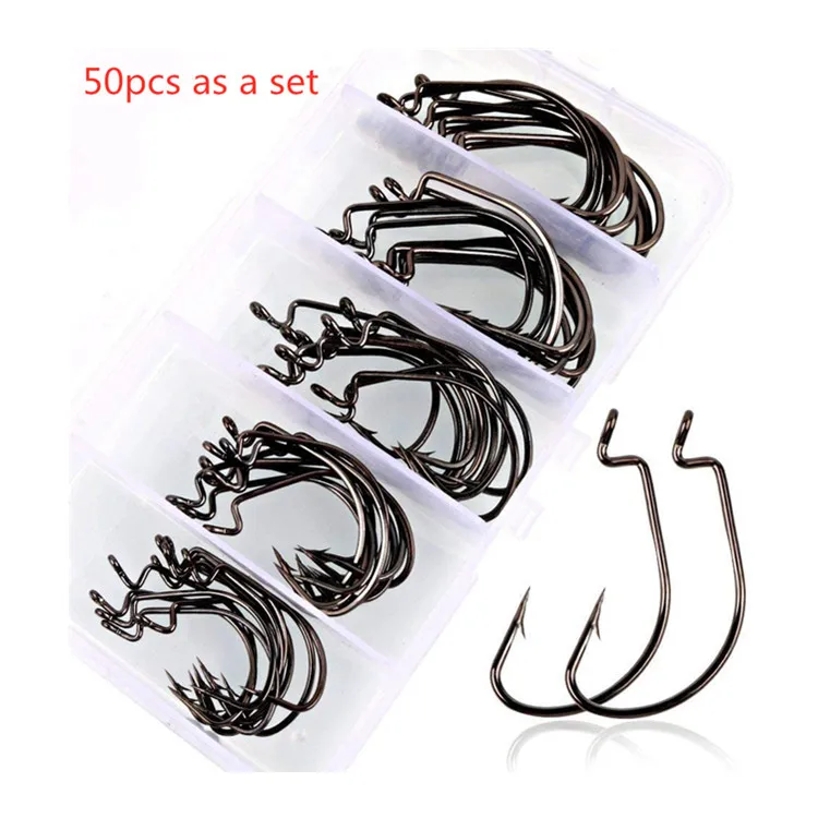 Sport Wide Black High Carbon Steel Strong Worm Soft Bait Jig 50pcs Fishing Hooks Set with Plastic Box