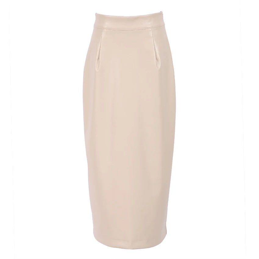 OOTN Zip 2021 Elegant Autumn Winter Female Midi Skirt Office Ladies Womens PU High Waist Bodycon Skirts Split Long Skirts