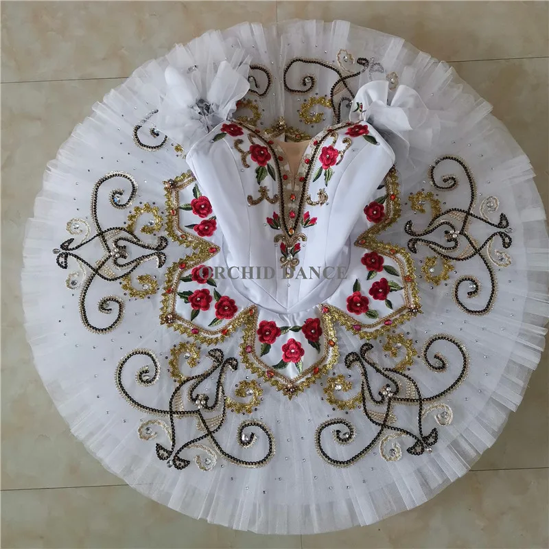 Professional Off-shoulder Custom Size Kids Girls Performance Competition Wear Tutu White Swan Lake Ballet Costume with flowers