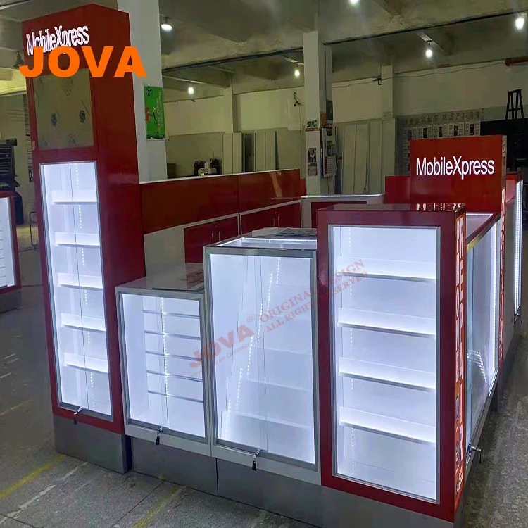Customized LED Lighting Wooden Mobile Phone Showcase Electronics Phone Case Shop Furniture Cell Phone Repair Store