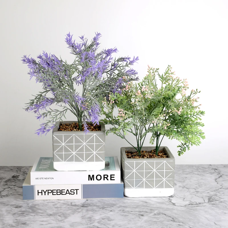 
Wholesale square grey artificial flowers in concrete cement shallow planter pot for indoor plants 