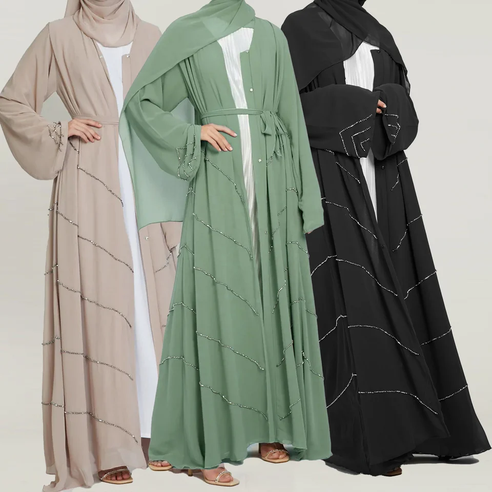 Wholesale Turkey Modest Dubai EID Robe Sale Abaya Online Solid Color Luxury Abaya Women Muslim Dress Diamond Open Abaya