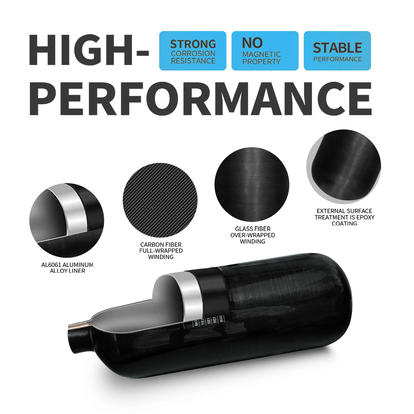 GP OEM ODM High Compressive Strength Hpa 4500psi 300bar 2L Paintball Scuba Diving CE Swimming Carbon Fiber Air Tank Gas Cylinder