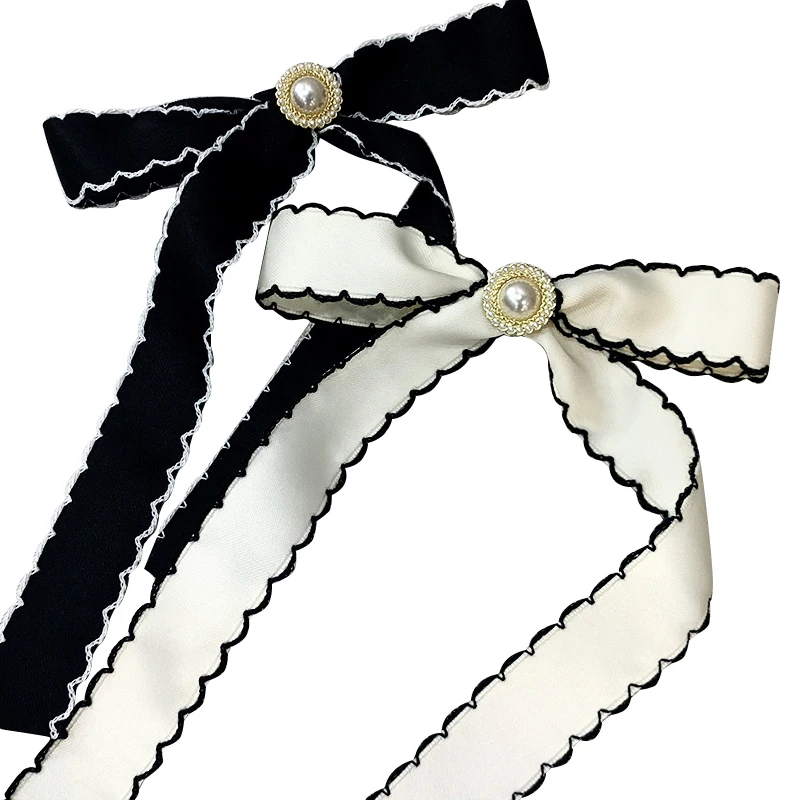Bow pearl hair accessories long ribbon horsetail spring clip hairpin black white hair clips