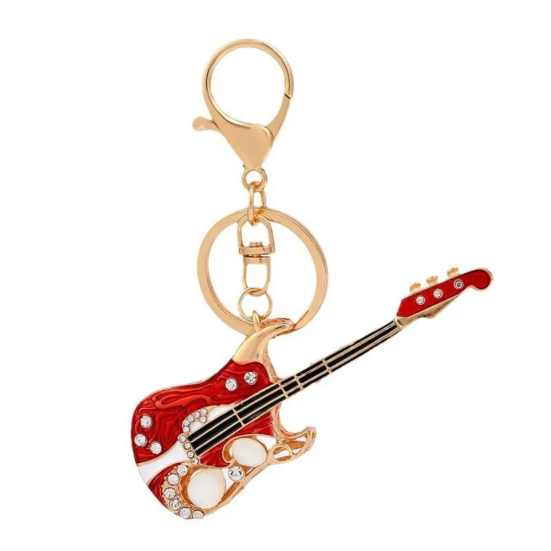 Cute Guitar Full Rhinestone Key Chain Women Handbag Pendant Golden Alloy Keyring Crystal Car Pendant Jewelry Key Accessories