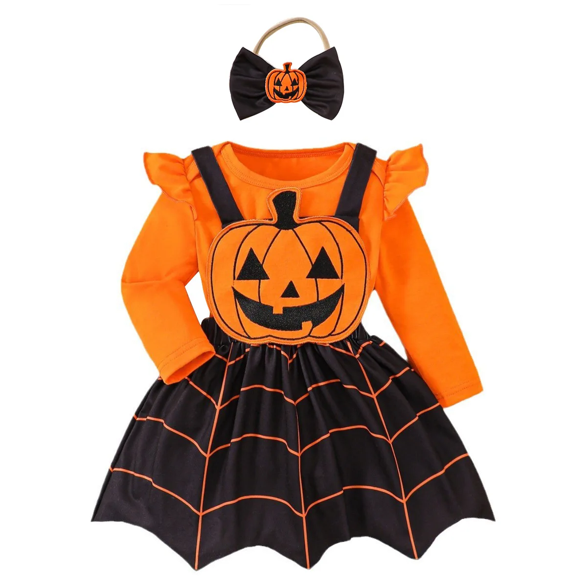 Newborn Toddler Baby girls Halloween Pumpkin Cute long sleeve top with overall dress Hair tie 3pcs Outfit Clothes
