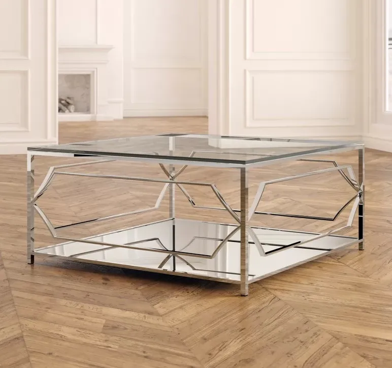 High Fashion Stainless Steel Living Room Center Table Tempered Glass Coffee Table With Storage In Gold or Silver