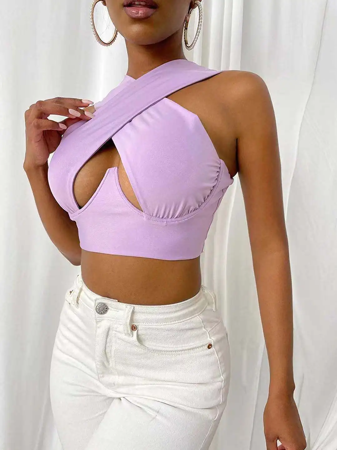 Новинка 2021, модная летняя женская рубашка QC, ажурный топ с перекрестными лямками через шею, укороченные женские блузки и топы