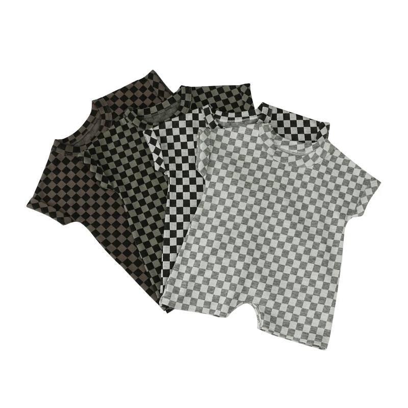 Summer 0-3months Newborn Baby Checkers Knitted Cotton Fabric Boys Short Sleeves Baby Rompers