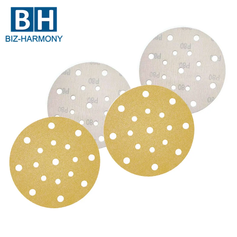 High quality Hook and Loop Backing P60 - P800 5 inch golden yellow color abrasive sanding paper discs Sandpaper Disc
