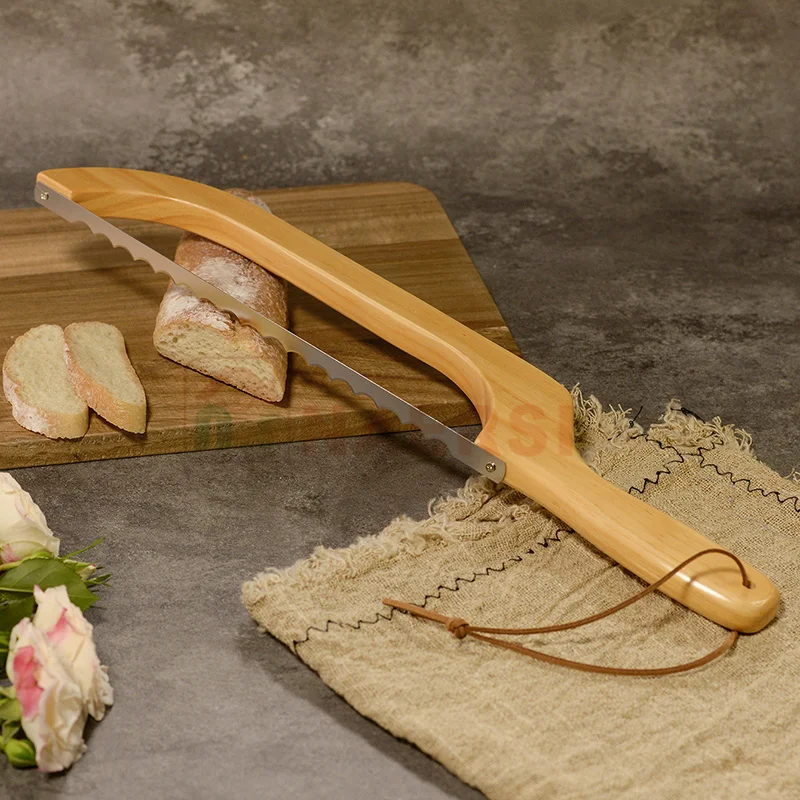 High Quality Wooden Bread Bow Knife Serrated Bread Knife Comfortable Oak Wood Handle Bow Knives Bread Slicer