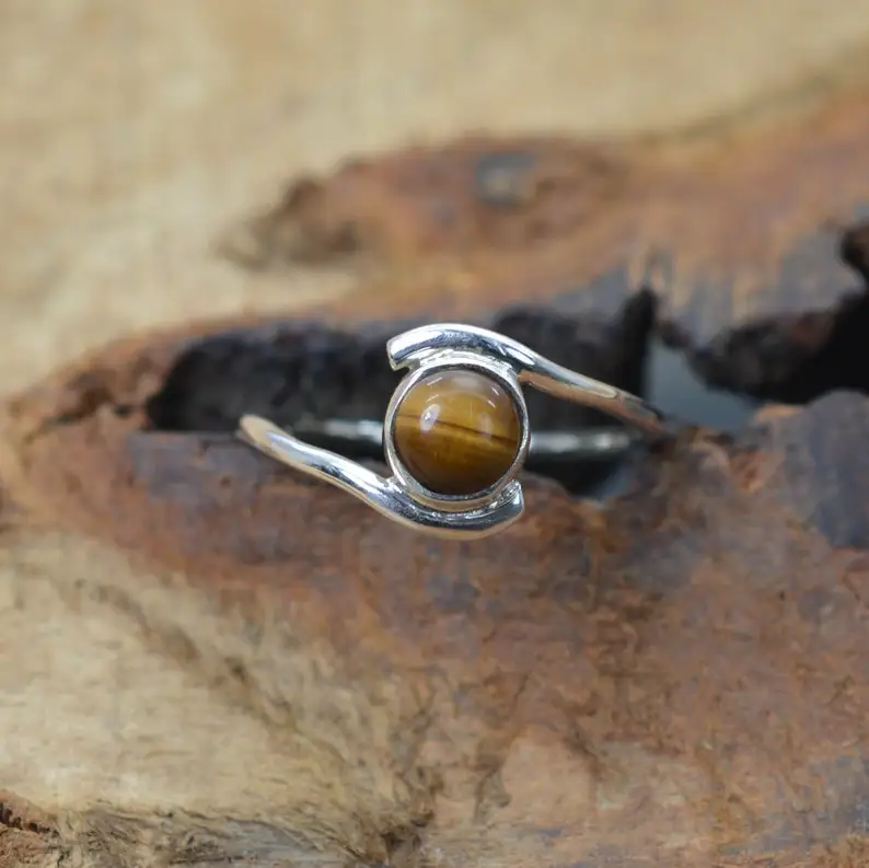 Indian Handmade Round Tiger Eye Gemstone Ring 925 Sterling Silver Statement Jewelry