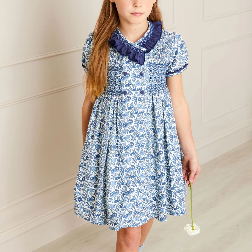 Custom Vintage Cotton Floral Print Spain Children Dresses 100% Cotton Baby Girl Casual Hand Smocked Dress