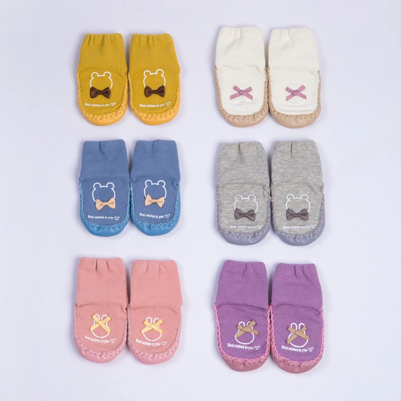 Factory Supply Warm Knit Slipper Baby Socks With Leather Sole Kids Children Shoes Non Slip