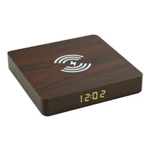 Custom Eco-friendly Wooden Grain Portable 10w Qi Fast Charging Phone Charger Led Digital Alarm Clock