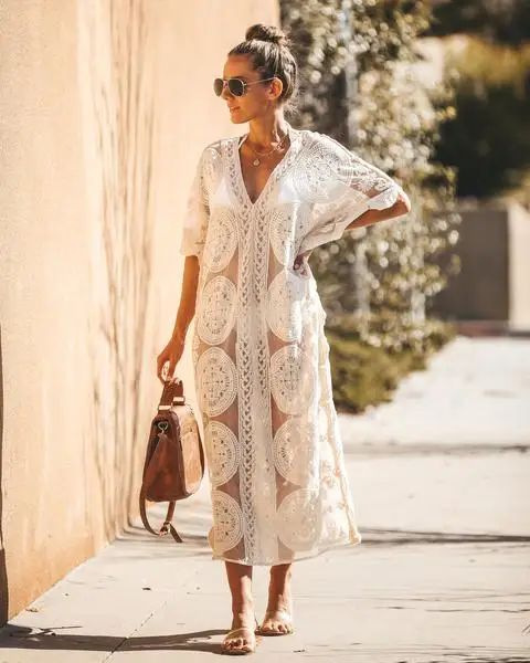 Beach Kimono Dress Women Cotton Lace Bathing Suit Swimsuit Cover Ups Summer Wear Ladies Tunic Bikini Kimono Cardigan Floral Croc