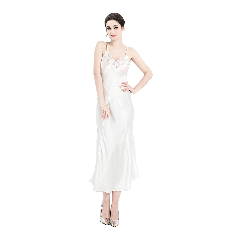 Elegant Nightwear Pure Mulberry Silk Satin Trimmed Lace Sleep Dress Nice Evening Dress