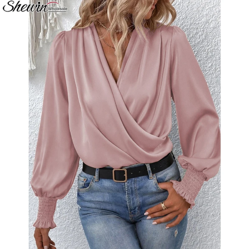 Оптовая продажа модная дизайнерская трикотажная шифоновая повседневная женская блузка с цветочным принтом и рюшами элегантная длинным рукавом