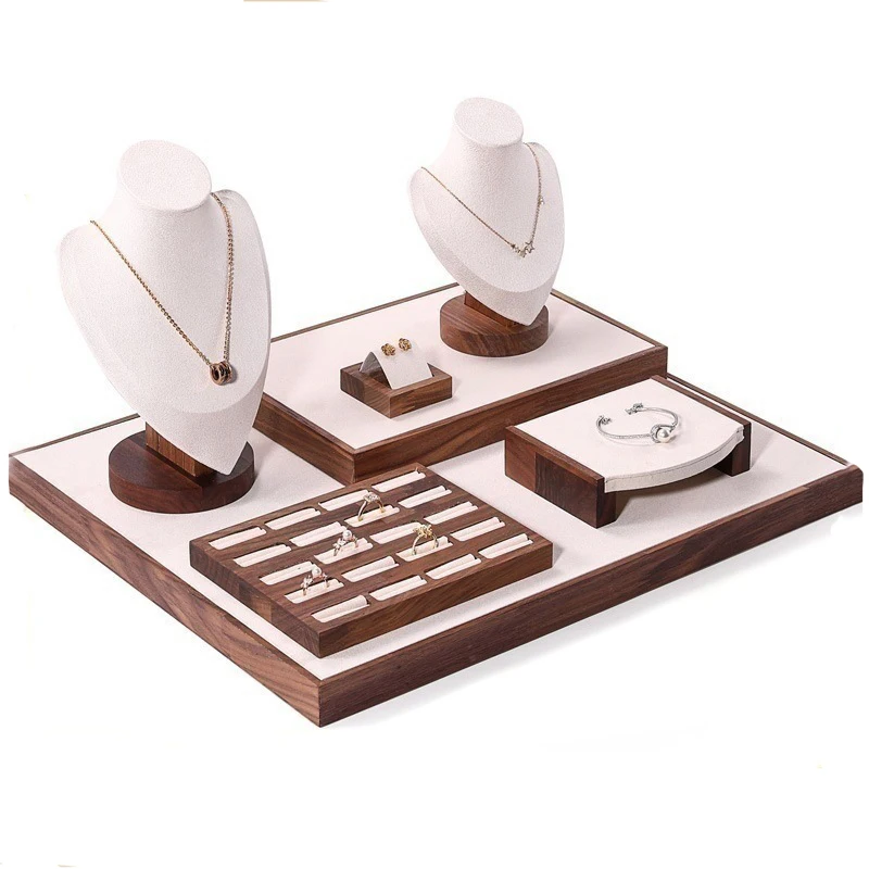 Luxury Jewelry Store Walnut Jewelry Display Set Necklace Earring Velvet Jewelry Stand Display Props