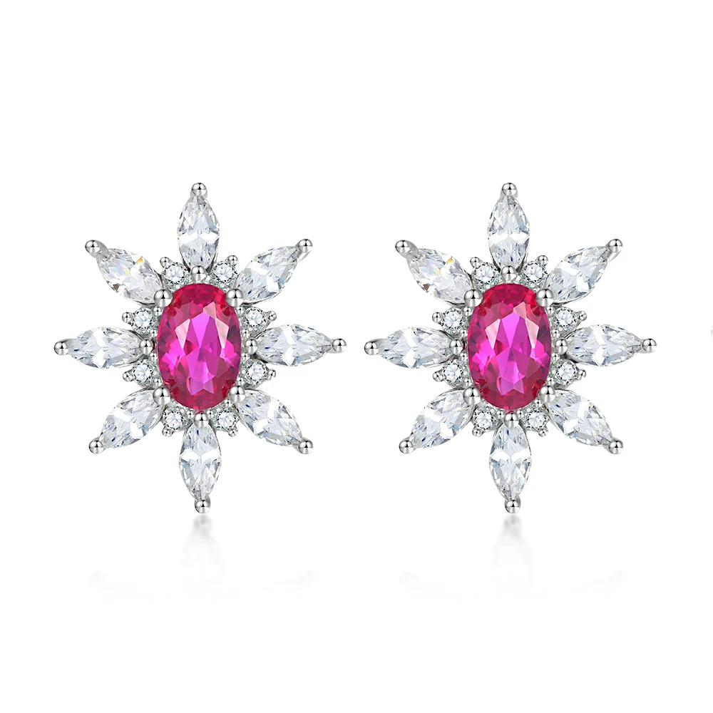 Fine Jewelry Sunflower Shaped Studs Fancy Colored Initial Ruby Gemstone Shiny Earring Studs 925 Silver