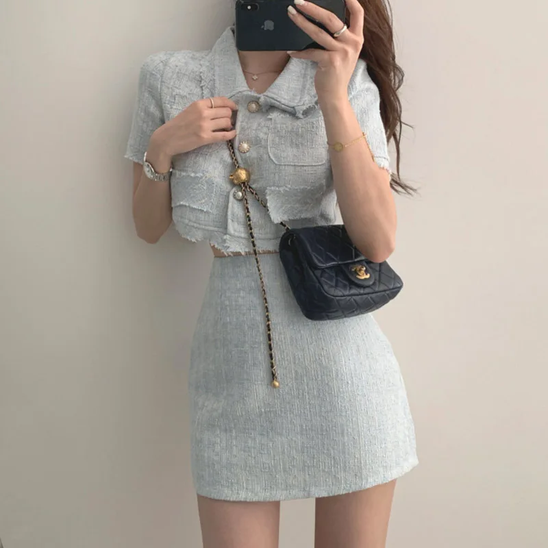Korean Skirt Suit O-neck Puff Sleeve Shirt Coat Slim Bodycon Mini Skirts Set Korean Temperament Tweed 2 Piece Set Women