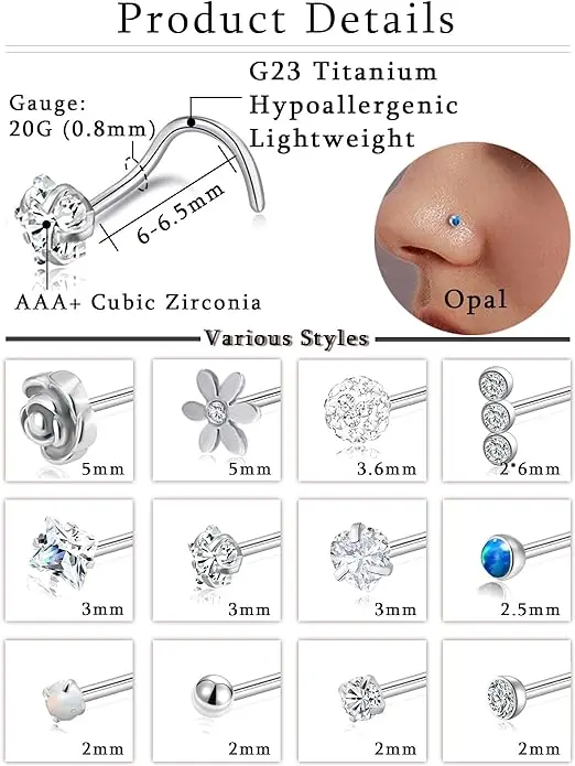 G23 Titanium CZ Clay Ball Flower Opal Star Heart Pure Titanium silver Nostril Piercing Jewelry  for Women Men