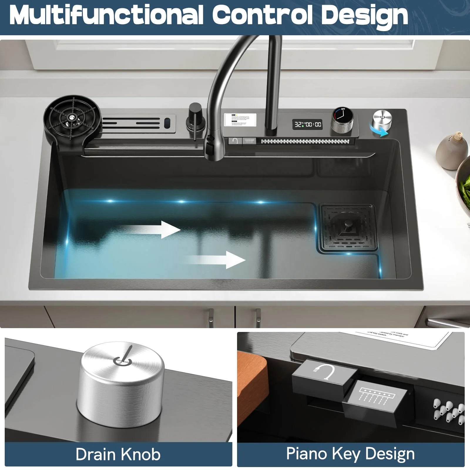 Voriva Modern smart kitchen sinks stainless steel Nano black Digital Display kitchen sink faucet single bowl kitchen sink set