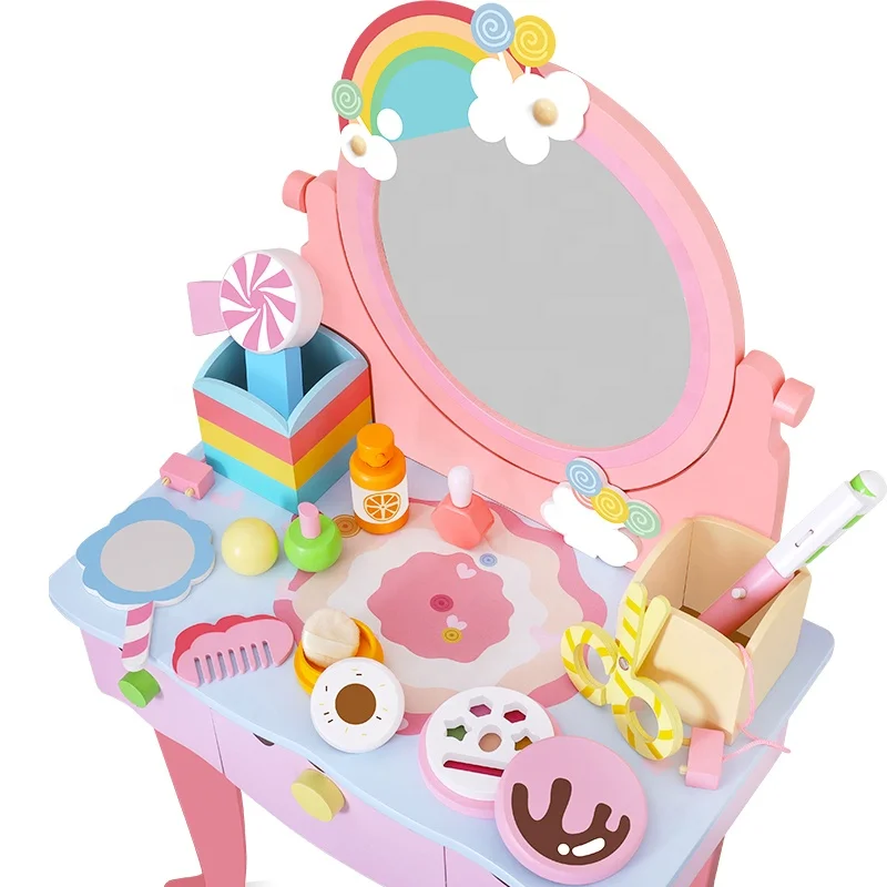 Pretend Play Toy Education Kids Girl Makeup Gift Set Toy Wooden Pink Baby Dressing Table Toy Set girls
