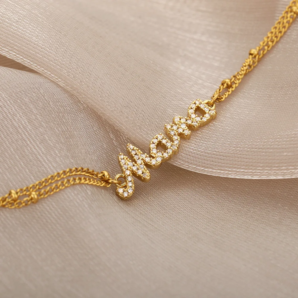 Wholesale 18K Gold Plated Zircon CZ MAMA Letter Charm Bracelet 2 Layers Stainless Steel Link Chain MAMA Bracelet For Gift