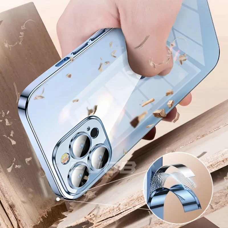 For iPhone 14 Pro Max With Lens Protector Transparent Silicone Case 14 Plus 11 12 13 Pro XS XR 7 8 Plus SE 3 Plating Clear Cover