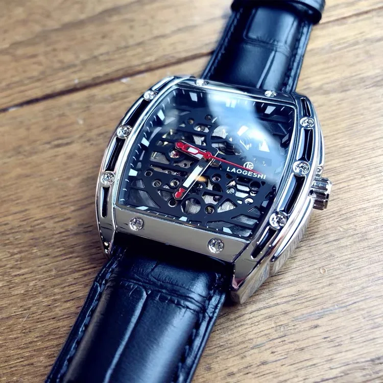 LAOGESHI 30M Waterproof Watches Gift Leather Strap Custom Automatic Mechanical Skeleton Watch China Factory Price