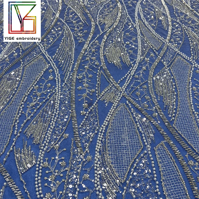 french White Bridal Net Laces bridal heavy beaded lace fabric dubai pearl bead sequins tulle lace fabric for wedding dress