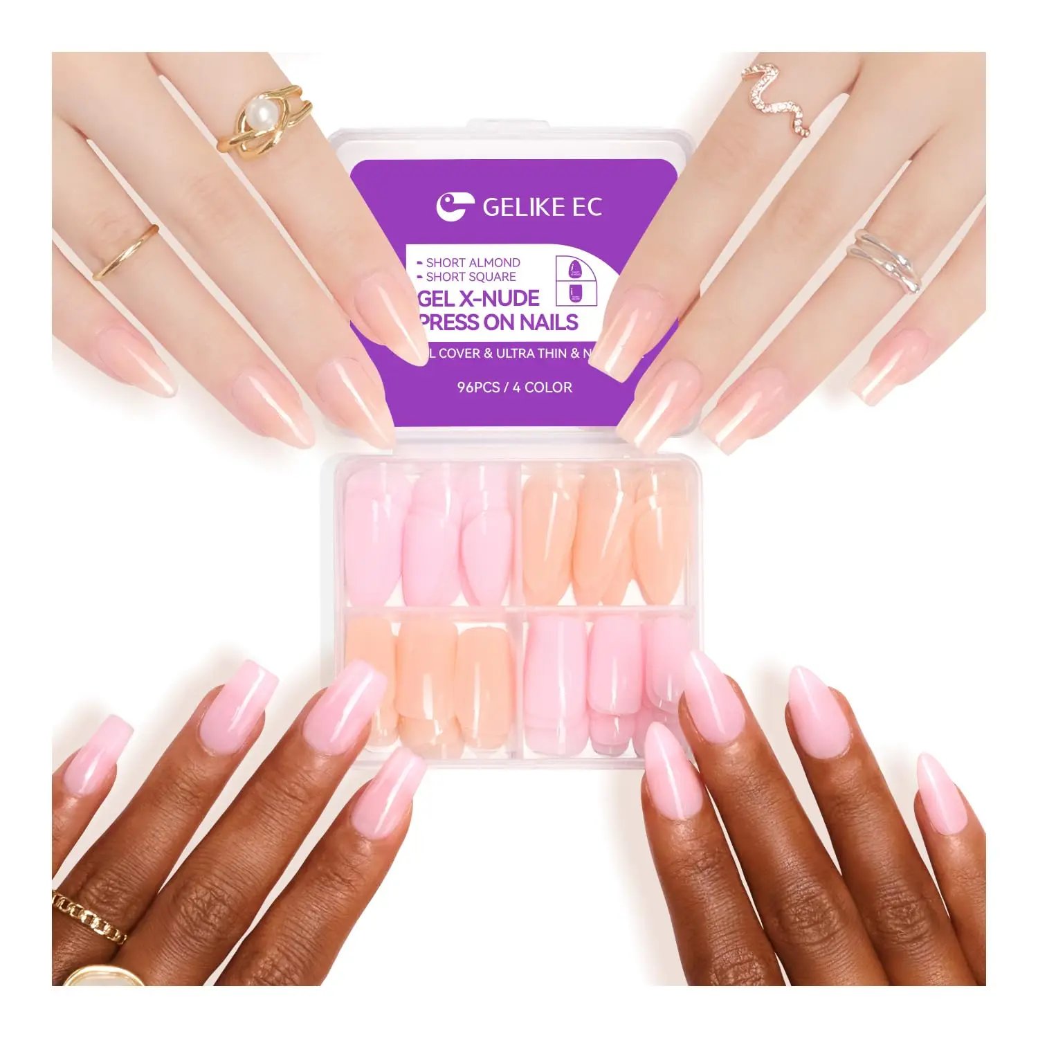 Portable packaging Gelike EC nail supplies 96Pcs Nude Pink Gel X Acrylic 4 in 1 artificial fingernails Tips Gel Nails